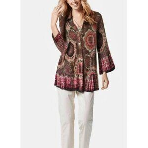 Signature By Larry Levine Crinkle Ruched 3/4 Bell Sleeve Vintage Blouse Sz Large